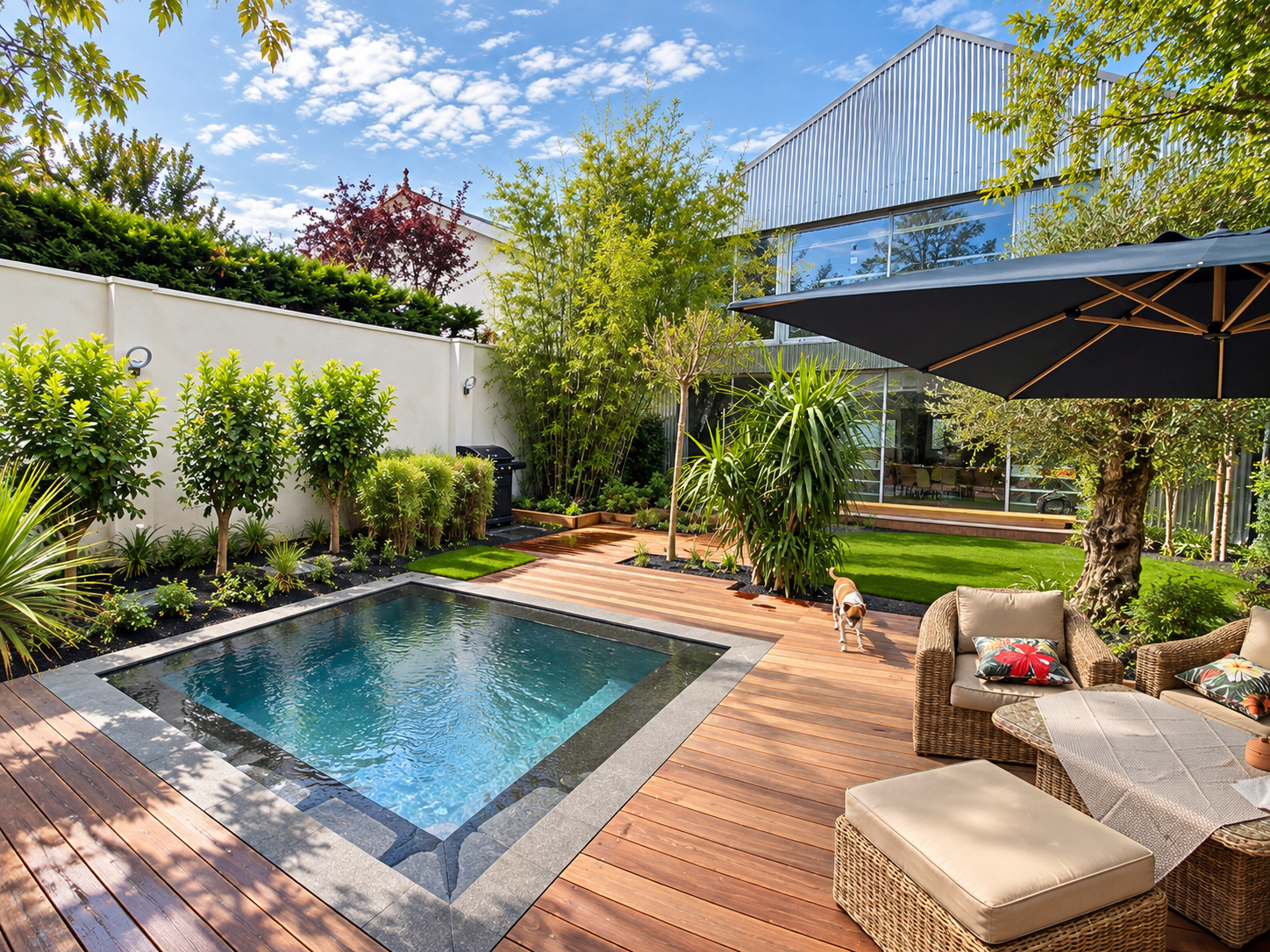 Jardin avec piscine et terrasse paysagée